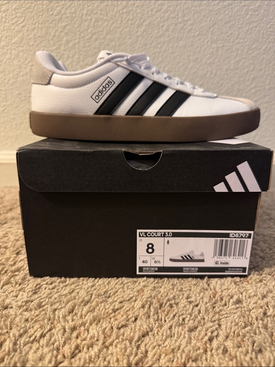 adidas Shoes - Adidas VL Court 3.0 White Sneakers with Black Stripes and Brown Sole
